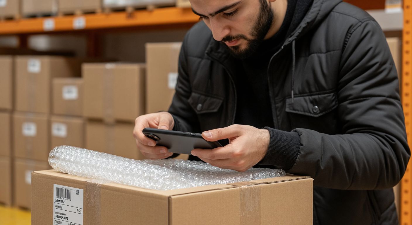 A person in Turkey carefully packing a smartphone in bubble wrap inside a sturdy cardboard box, with a stack of shipping labels nearby and a look of cautious determination on their face.