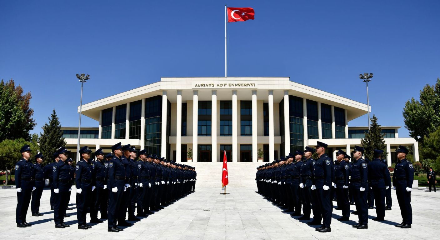 A grand, modern university building in Ankara with a Turkish flag flying high, surrounded by uniformed police cadets standing at attention in disciplined formation.