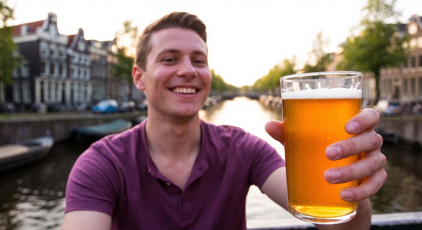 A cheerful person in Amsterdam holding a frothy golden beer with a relaxed, tipsy expression, sitting by a canal under warm evening light.