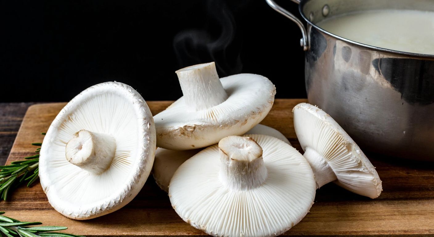 A close-up of fresh, white *Russula delica* mushrooms with thick stems and broad caps, resting on a rustic wooden table beside a steaming pot of boiling water, evoking a traditional Turkish kitchen setting.