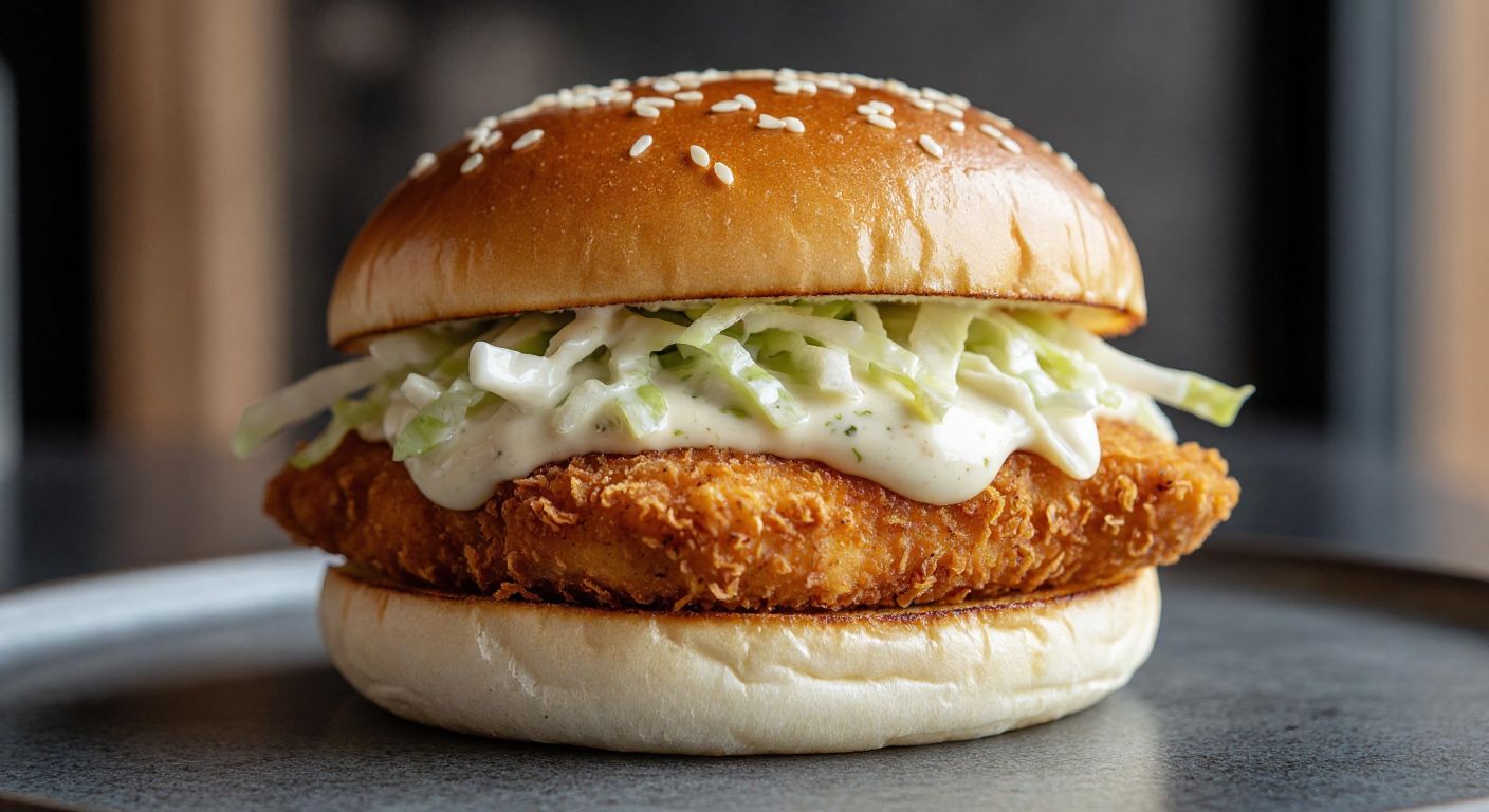 A golden-brown crispy chicken patty topped with shredded iceberg lettuce and creamy mayonnaise, nestled between two soft, slightly sweet sesame seed buns.