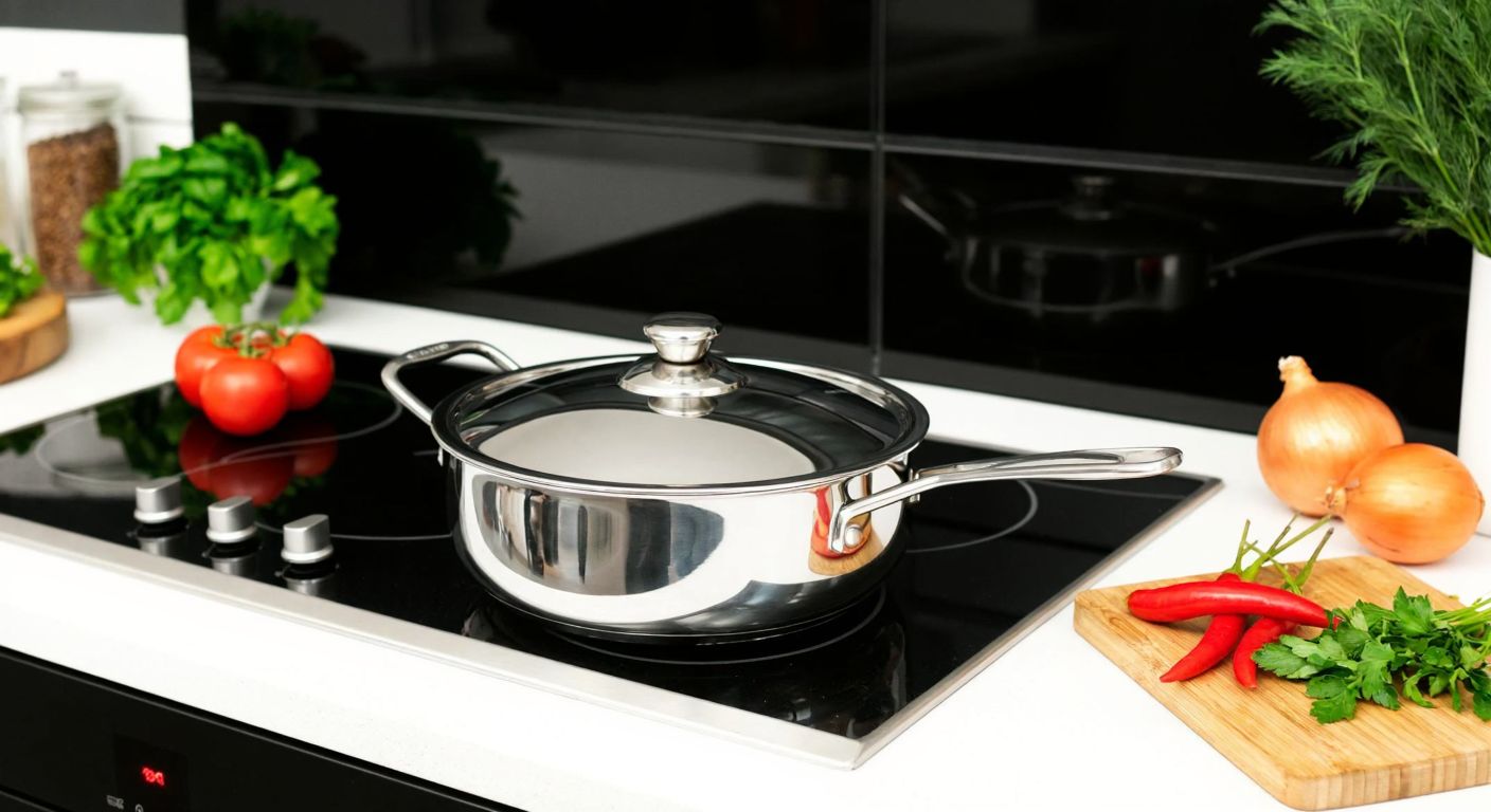 A shiny stainless steel Bomonti-style shallow pot with a sturdy handle sits on a modern stovetop in a Turkish kitchen, surrounded by fresh vegetables and herbs.