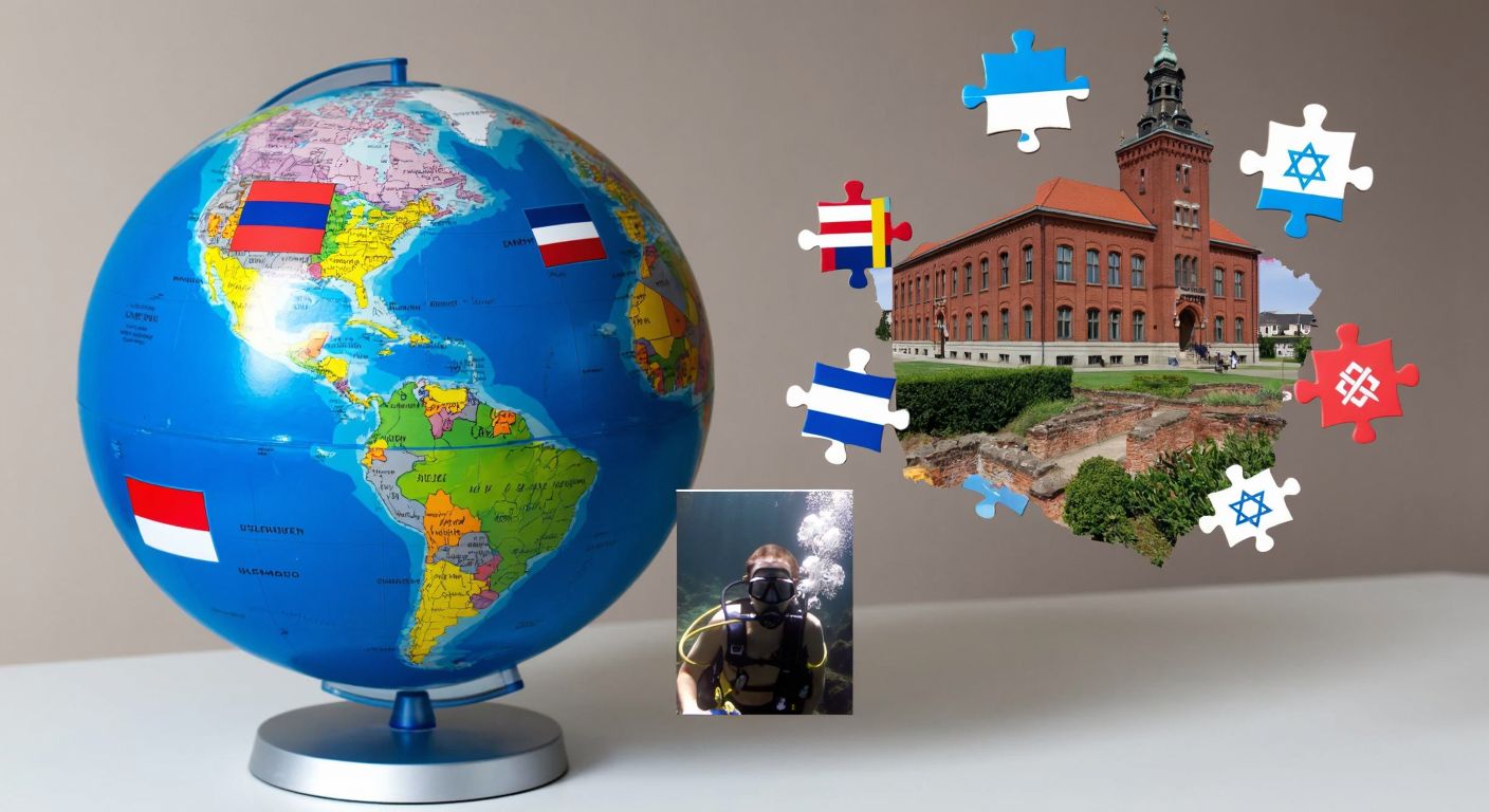 A globe with scattered puzzle pieces labeled with flags of Ukraine, Israel, Germany, Latvia, and Russia, a university building with a red brick facade, and an underwater diver exploring ancient ruins, all floating against a neutral background.