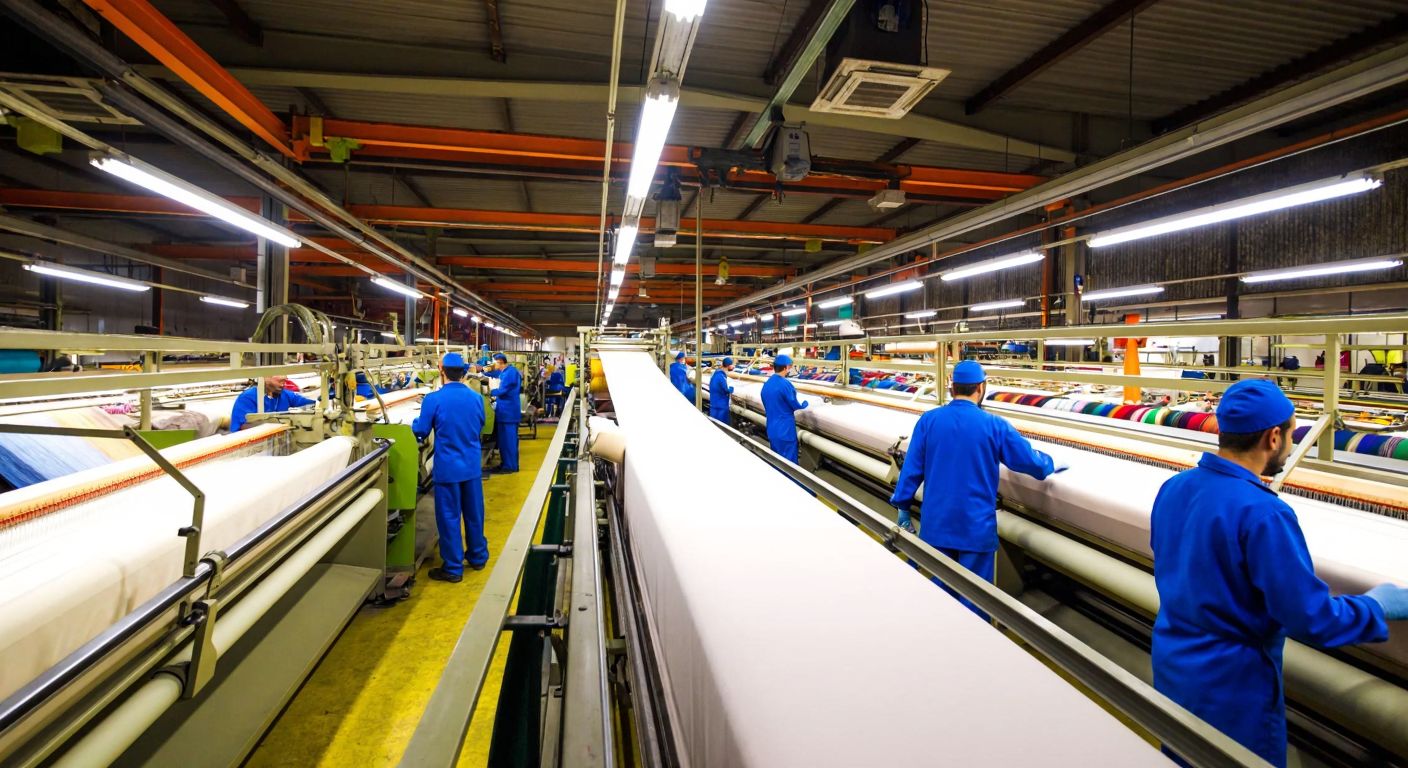 A bustling textile factory in Turkey with workers in blue uniforms operating large weaving machines, surrounded by colorful fabric rolls under warm industrial lighting.