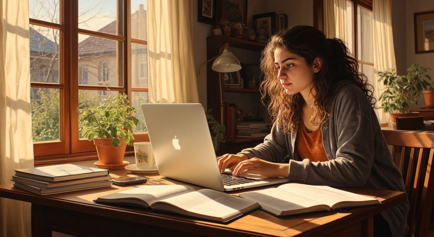 A young Turkish student in a cozy home setting, attentively watching an online lecture on a laptop with notebooks and textbooks scattered on a wooden table, sunlight streaming through the window.