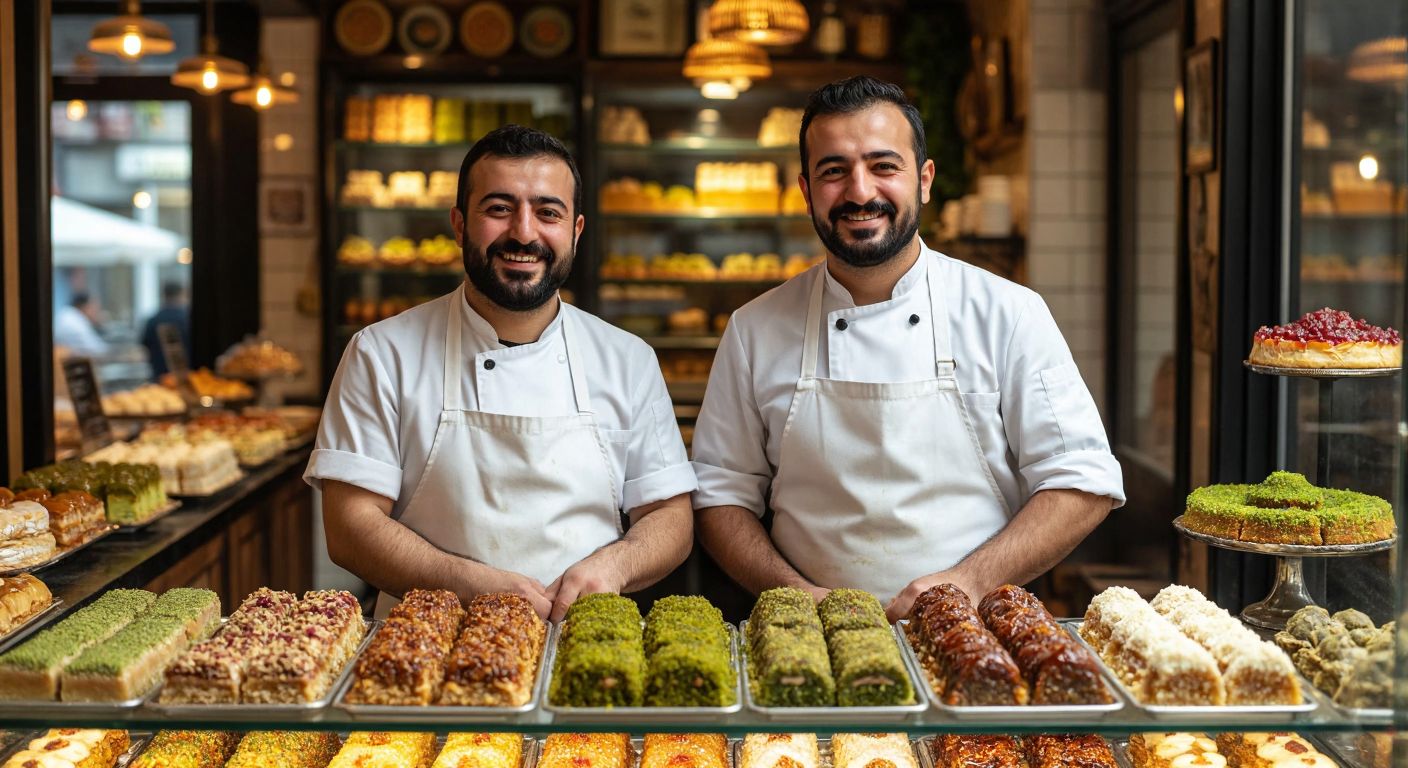 Two smiling middle-aged Turkish brothers in white chef aprons standing proudly behind a glass display case filled with colorful baklava, künefe, and other traditional Turkish desserts in a warmly lit pastry shop.