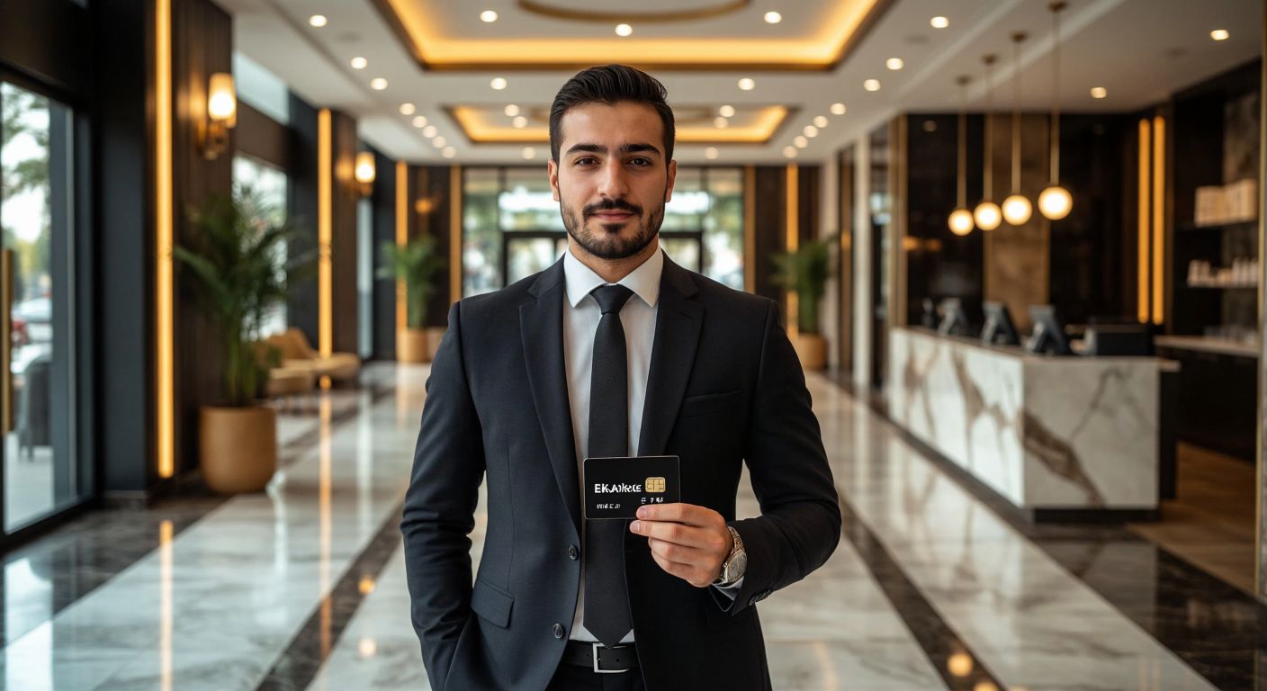 A well-dressed Turkish businessman in a sleek suit confidently holds a premium black credit card while standing in an elegant İş Bankası Özel Bankacılık branch with marble floors and modern decor.