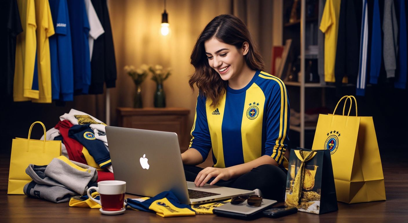 A young Turkish woman in a Fenerbahçe jersey smiles while browsing a laptop screen displaying colorful sports merchandise, surrounded by scattered shopping bags and a steaming cup of çay.