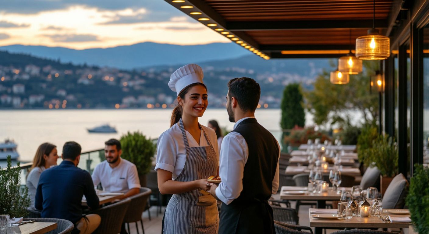 A bustling restaurant terrace with a panoramic lake view, where a smiling Turkish woman in an apron and a man in a chef's hat greet guests, while a stylish couple oversees service in a chic urban setting, and modern architectural lighting highlights a seaside dining area.