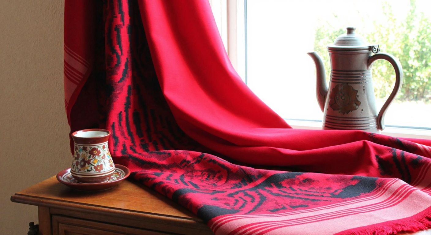A vibrant red-and-black patterned Keşan fabric draped over a wooden table in a sunlit Turkish home, with a traditional ceramic tea set placed beside it.
