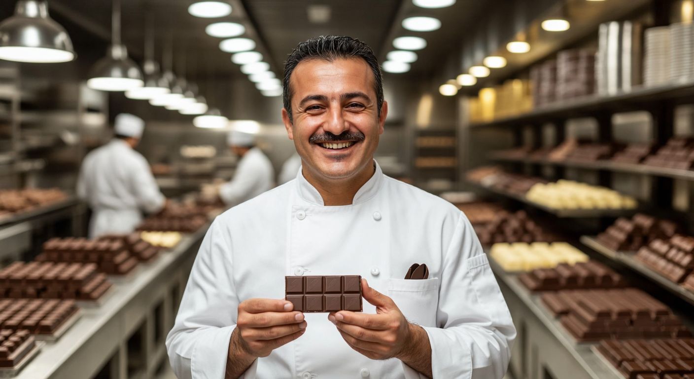 A smiling middle-aged Turkish man in a white chef's coat holding a golden-wrapped Madlen chocolate bar against a backdrop of a bustling chocolate factory.