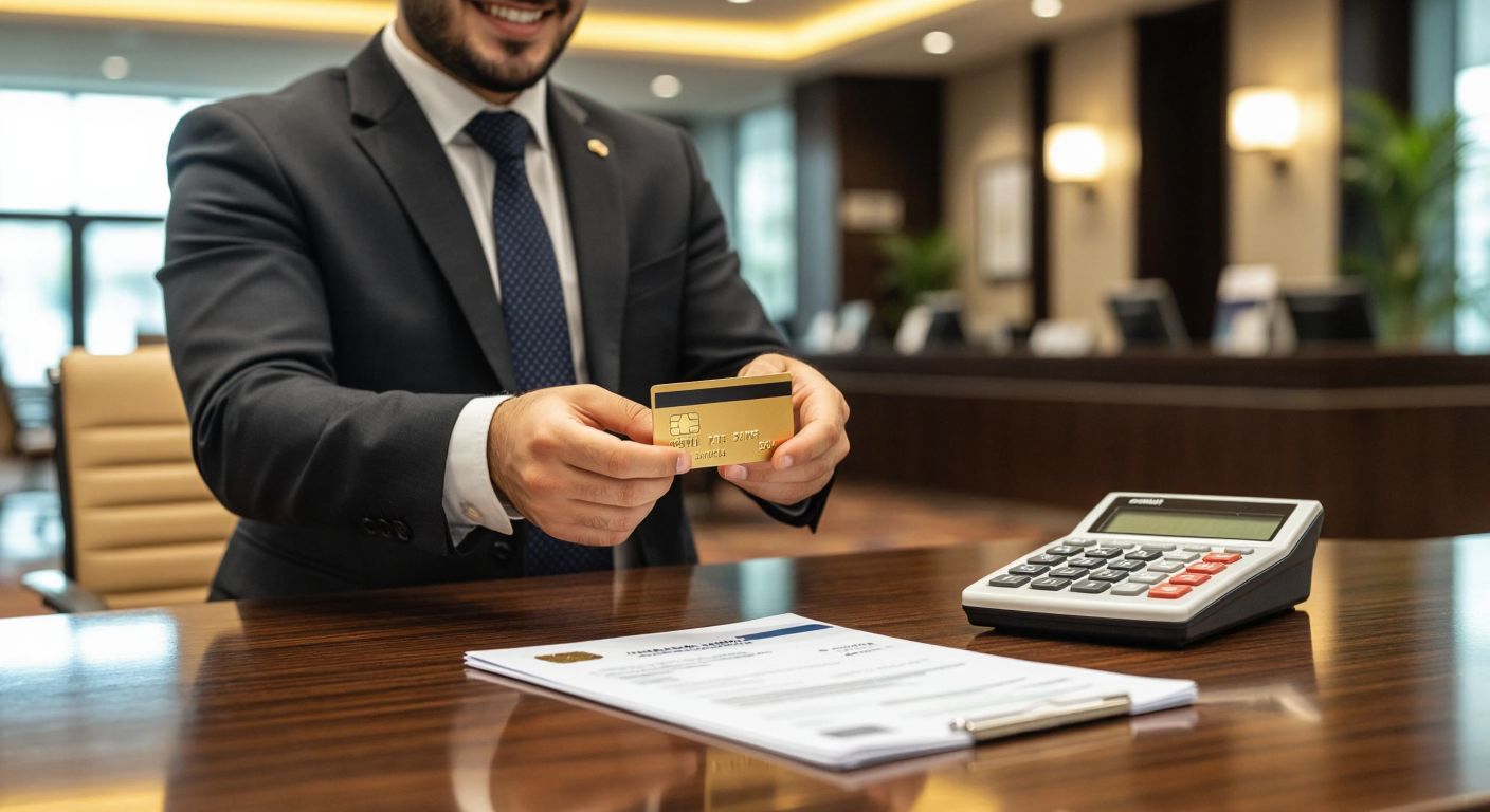 A Turkish bank employee in a formal suit smiles warmly while handing a shiny credit card to a customer across a polished wooden desk in a well-lit bank branch, with a calculator and financial documents neatly arranged beside them.