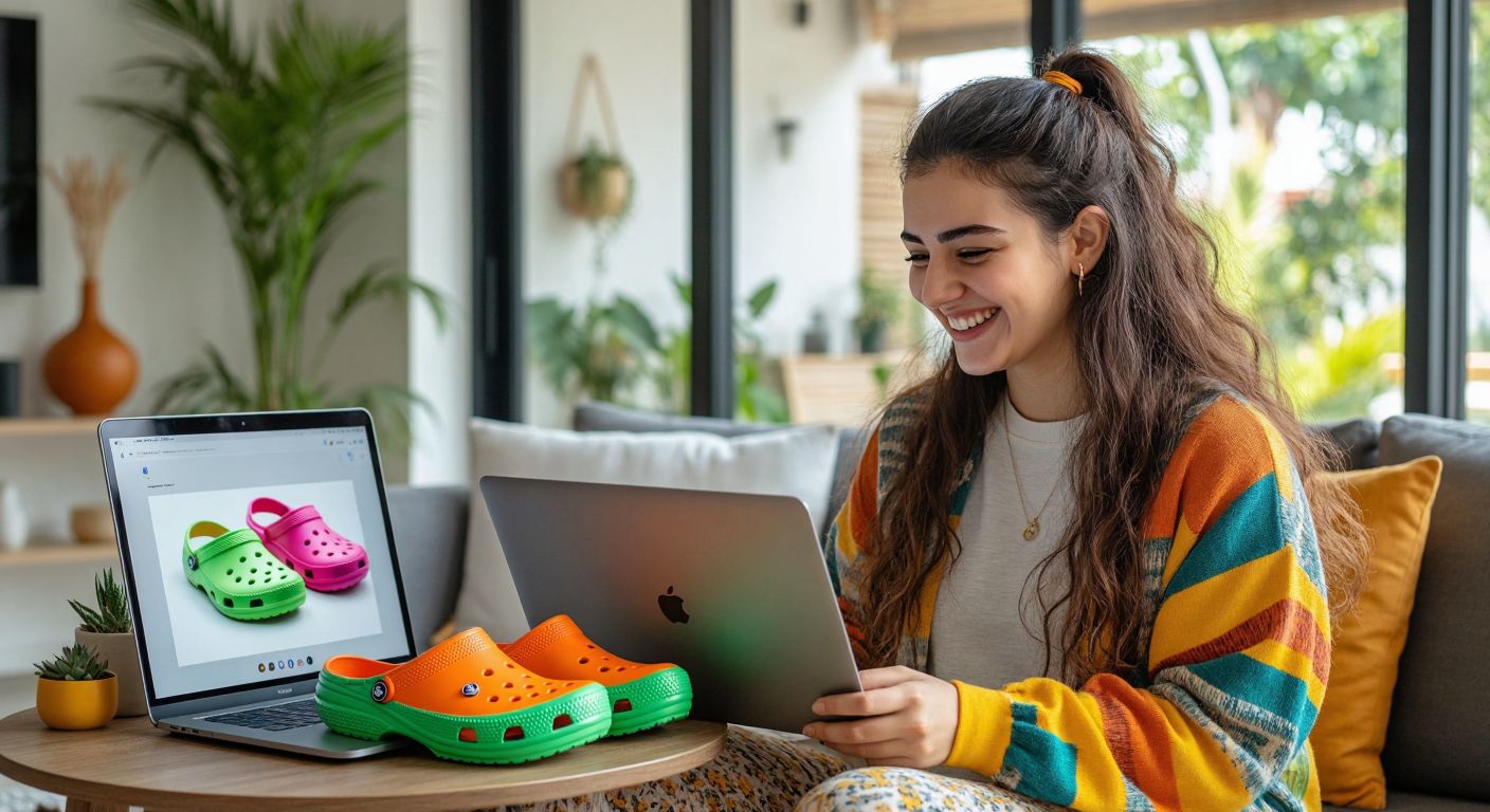 A cheerful Turkish shopper in a bright, modern home smiles while browsing colorful Crocs shoes on a laptop screen, with a pair of vibrant Crocs placed beside the laptop.