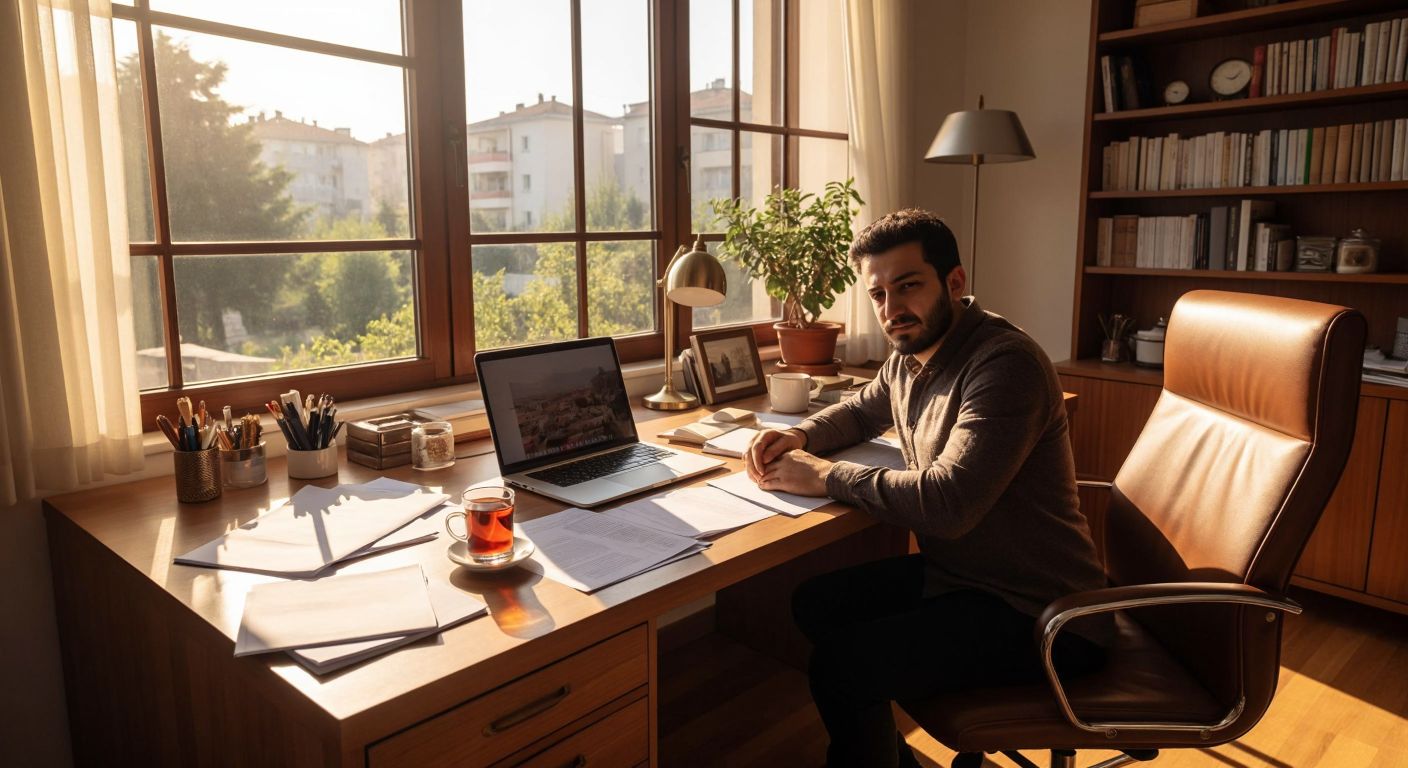 A spacious wooden desk in a sunlit Turkish home office, neatly organized with a laptop, scattered papers, and a steaming cup of Turkish tea, while a person leans back in a comfortable chair with a satisfied expression.