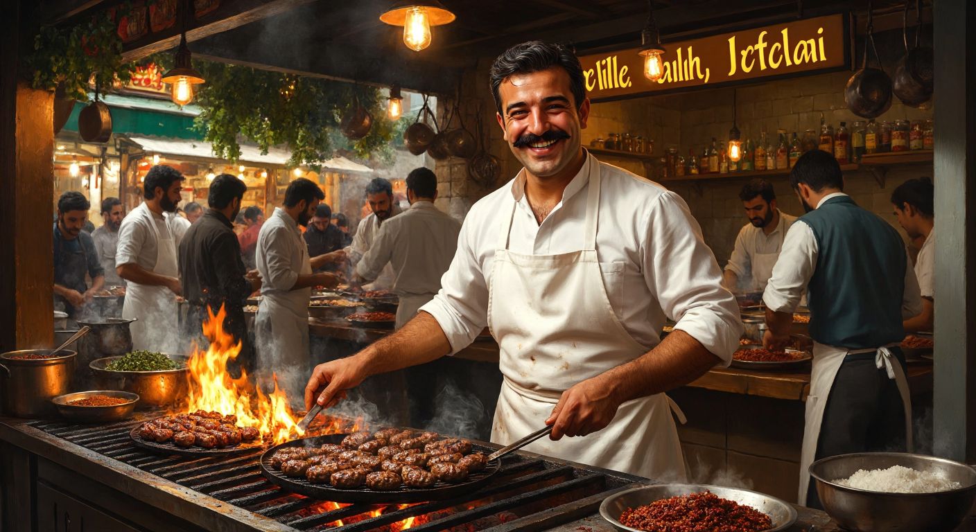 A smiling, mustachioed man in a white apron grills sizzling köfte over a charcoal fire in a bustling Turkish eatery, surrounded by the aroma of spices and eager customers.