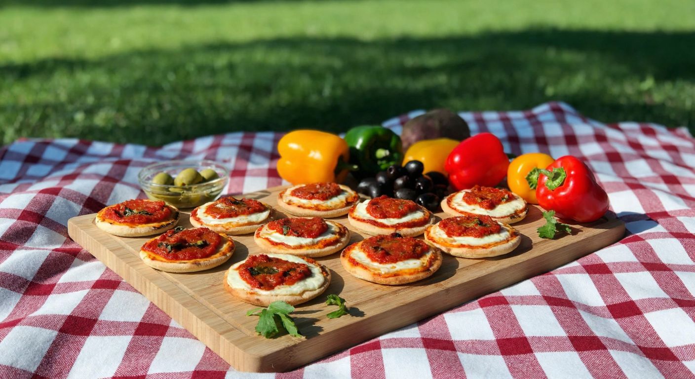 A sunny picnic blanket in a green park with small homemade mini pizzas topped with tomato sauce and mozzarella, alongside fresh vegetables like peppers and olives, arranged neatly on a wooden tray.