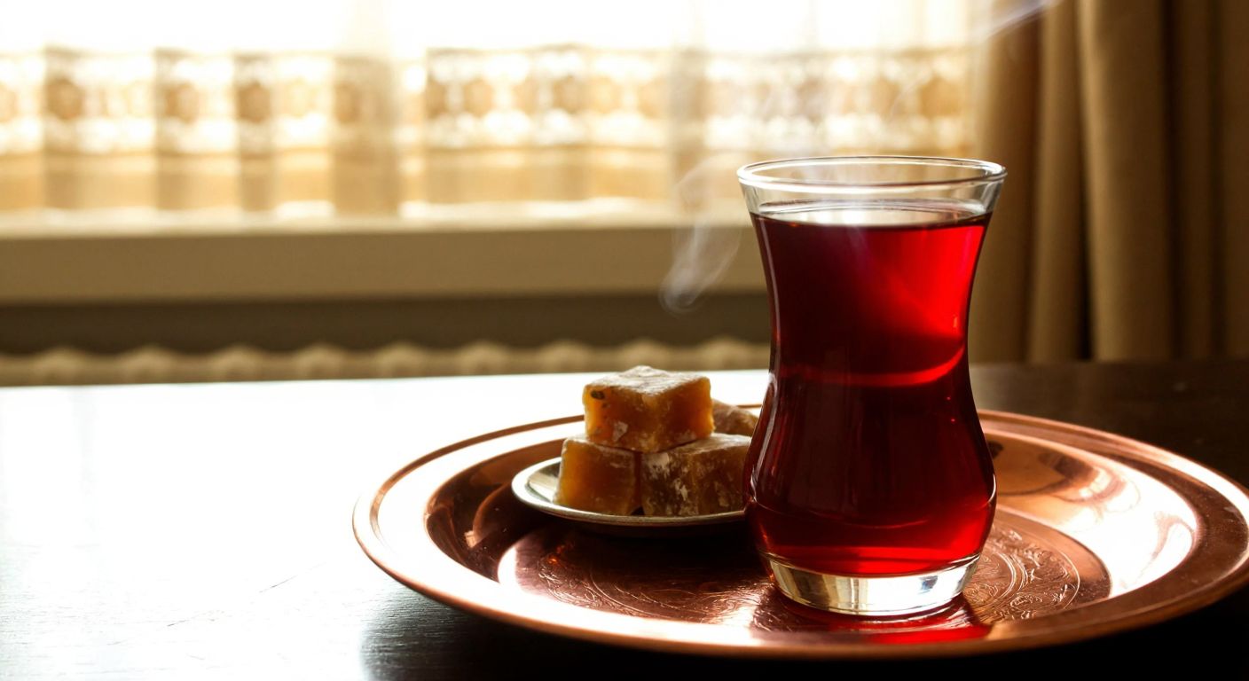A steaming glass of deep red tea in a traditional Turkish tulip-shaped glass, placed on a copper tray beside a small plate of Turkish delight, with warm sunlight filtering through a lace curtain in a cozy home setting.