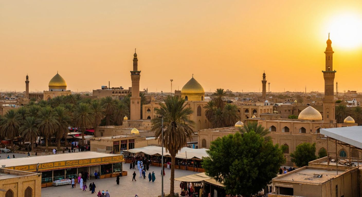 A bustling Middle Eastern cityscape with minarets and palm trees under a golden sunset, reflecting the historical and cultural essence of Baghdad, Iraq.