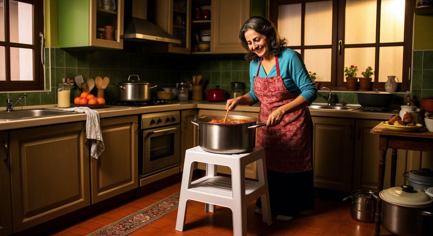 A sturdy plastic step stool in a Turkish home kitchen, supporting a large pot of simmering stew, with a smiling middle-aged woman in an apron testing its stability.
