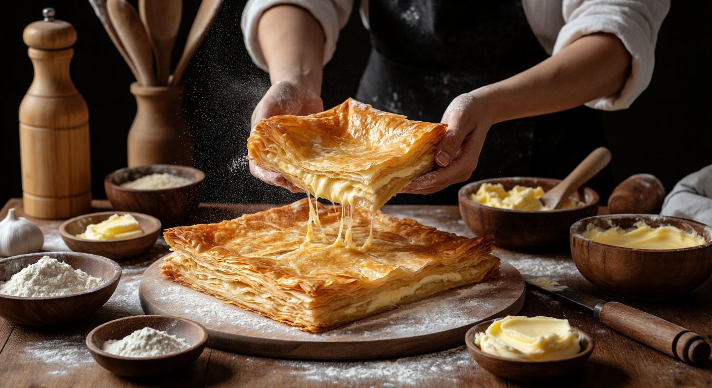 A warm Turkish kitchen with golden, flaky *tel tel börek* layers being pulled apart by hands dusted with flour, surrounded by bowls of melted butter and a rolling pin on a wooden counter.