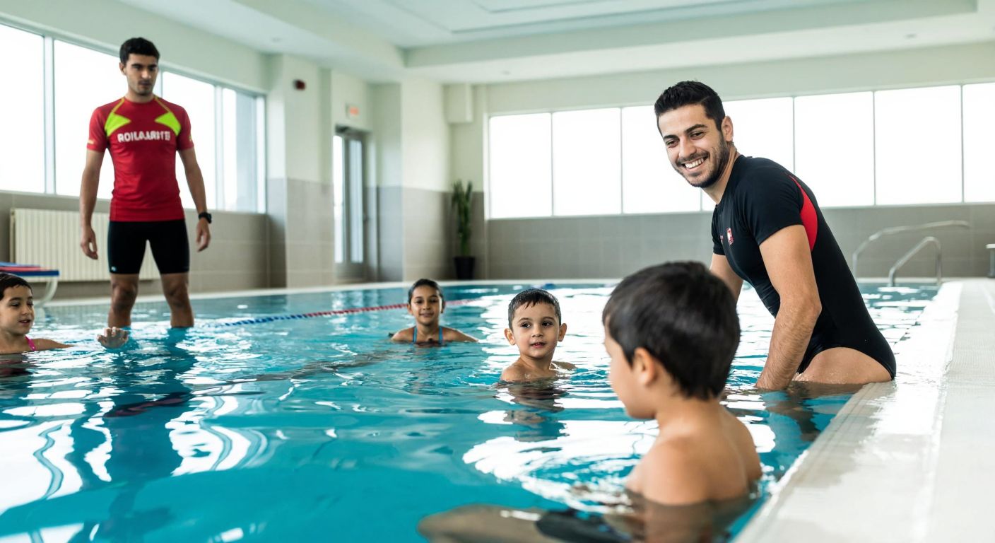 A smiling Turkish swimming instructor in a clean, well-lit indoor pool demonstrates a stroke to a small group of attentive children of varying ages, while a lifeguard watches from the side.
