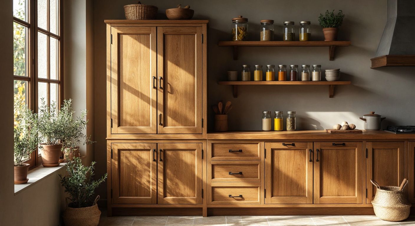 A warm Turkish kitchen with a wooden multi-purpose cabinet featuring doors and drawers, standing beside a simple open shelf holding jars of spices and olive oil, both bathed in soft sunlight from a nearby window.