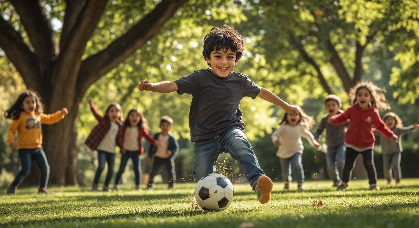 A lively Turkish boy with dark hair and a bright smile kicks a soccer ball in a sunlit park, while other children cheer nearby, and in the background, a group engages in drama activities under a tree.