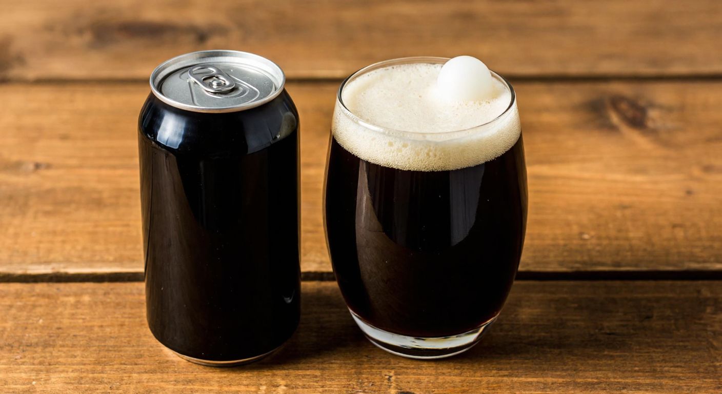 A dark brown beer can with a white plastic ball floating on top of its creamy foam, placed on a rustic wooden table beside a glass of rich, dark stout.