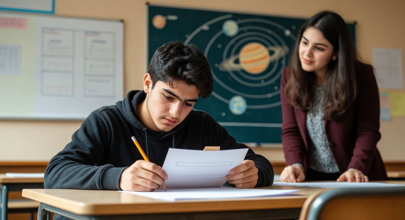 A focused Turkish student in a classroom, holding a pencil and looking at a blank exam paper with two empty answer spaces, while a teacher points to a solar system diagram on the board.