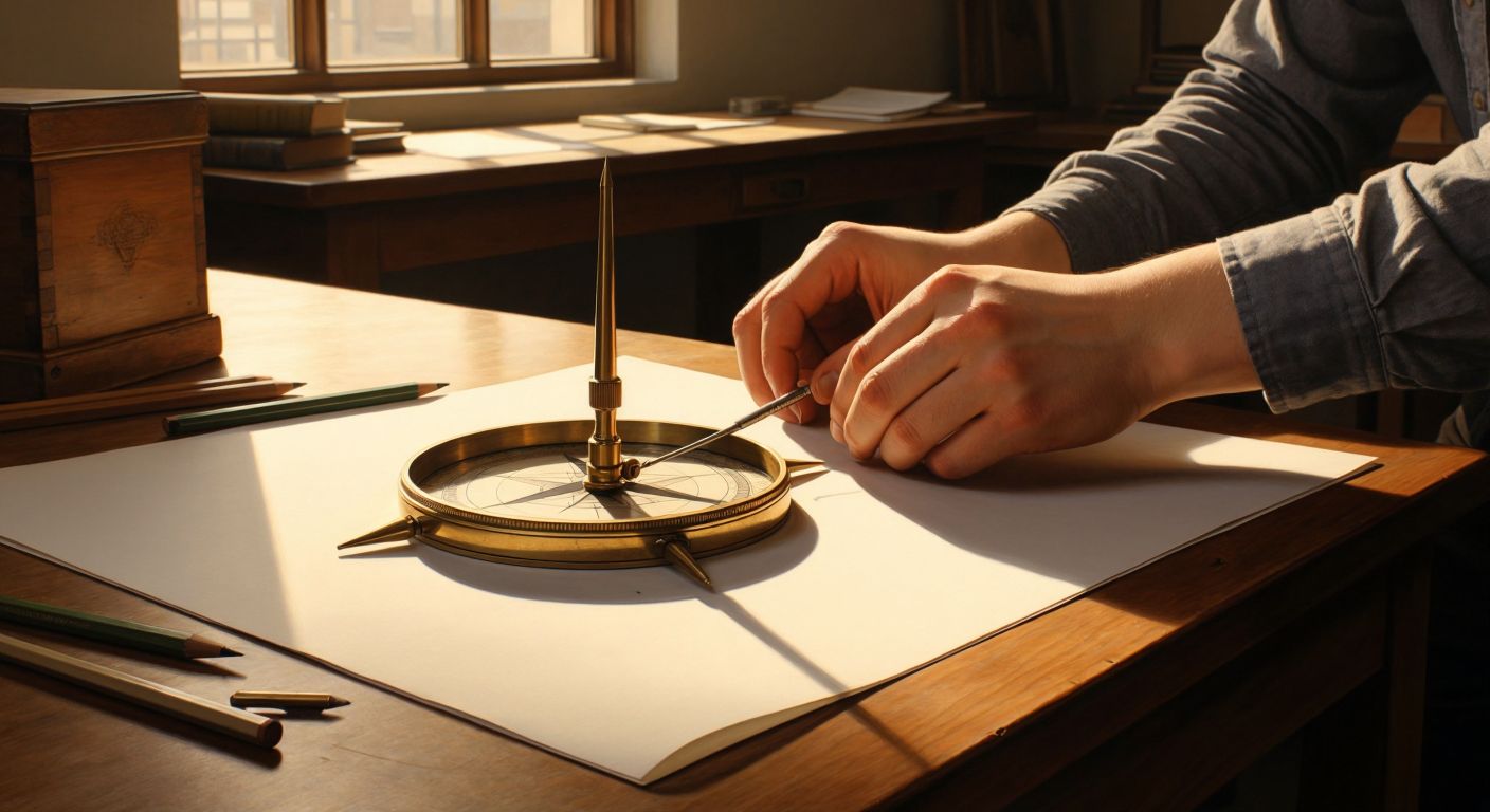 A brass compass with two pointed legs rests on a sheet of paper, its sharp tip lightly touching a half-drawn circle, while a hand holds it steady against a wooden desk in a sunlit classroom.