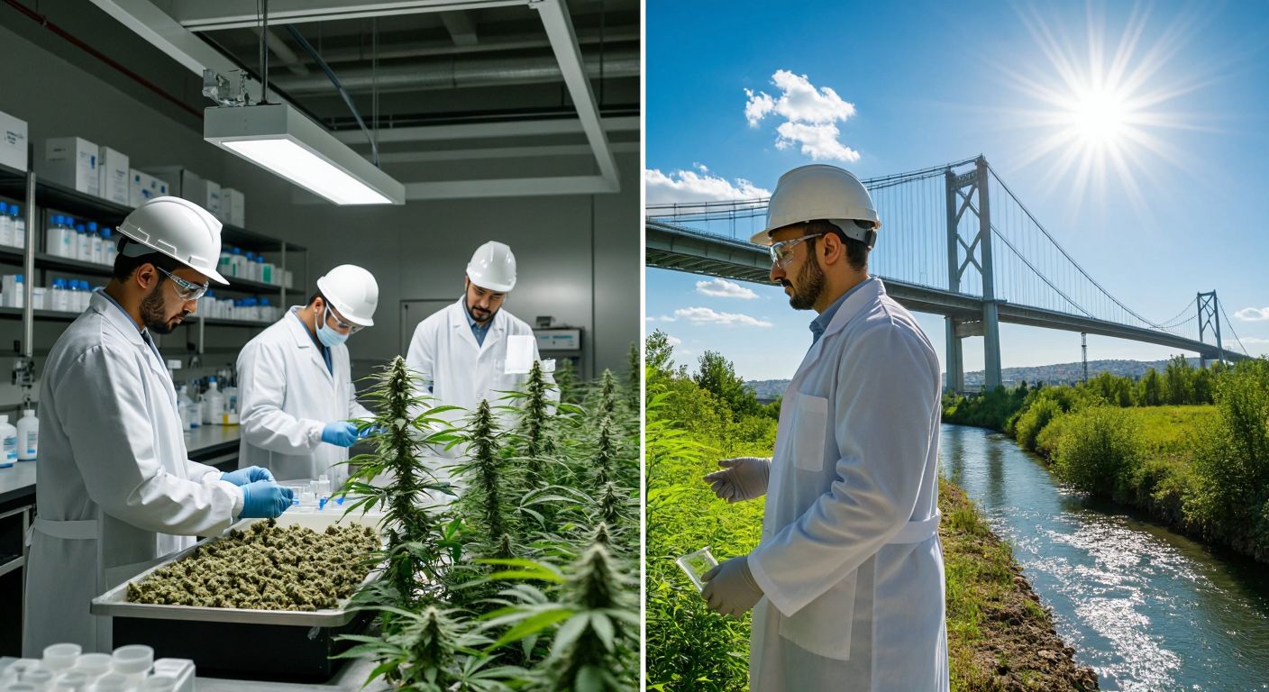 A split image showing a modern pharmaceutical lab with scientists in white coats examining cannabis-based compounds on one side, and on the other side, Turkish civil engineers in hard hats inspecting a half-built bridge under a sunny sky.