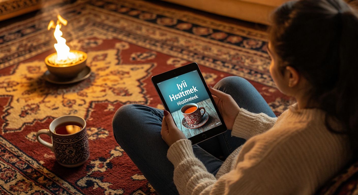 A person in a cozy Turkish home, sitting cross-legged on a patterned rug with a steaming cup of çay, eagerly browsing a glowing tablet with a book cover resembling "İyi Hissetmek" on the screen.