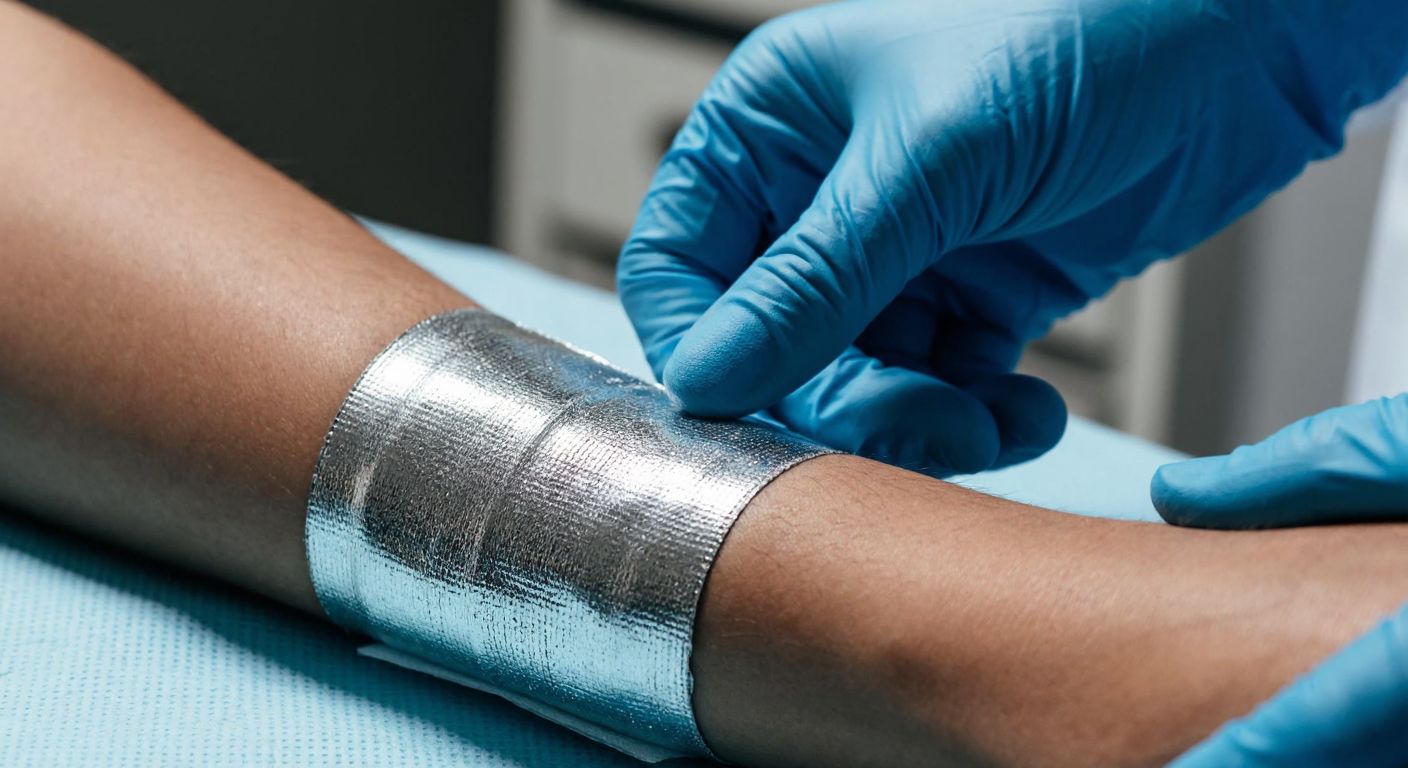 A close-up of a shiny silver medical bandage gently applied to a healing wound on a person's forearm, with a doctor's gloved hand adjusting it carefully in a bright, sterile clinic setting.