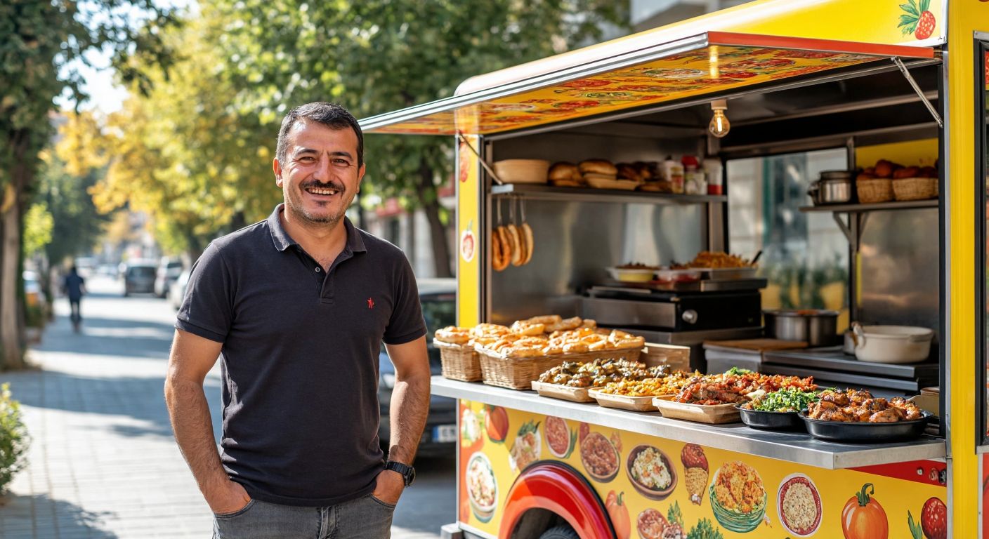 A smiling middle-aged Turkish man with short dark hair stands proudly beside a colorful, compact food caravan parked on a sunny street, surrounded by the aroma of freshly cooked local dishes.