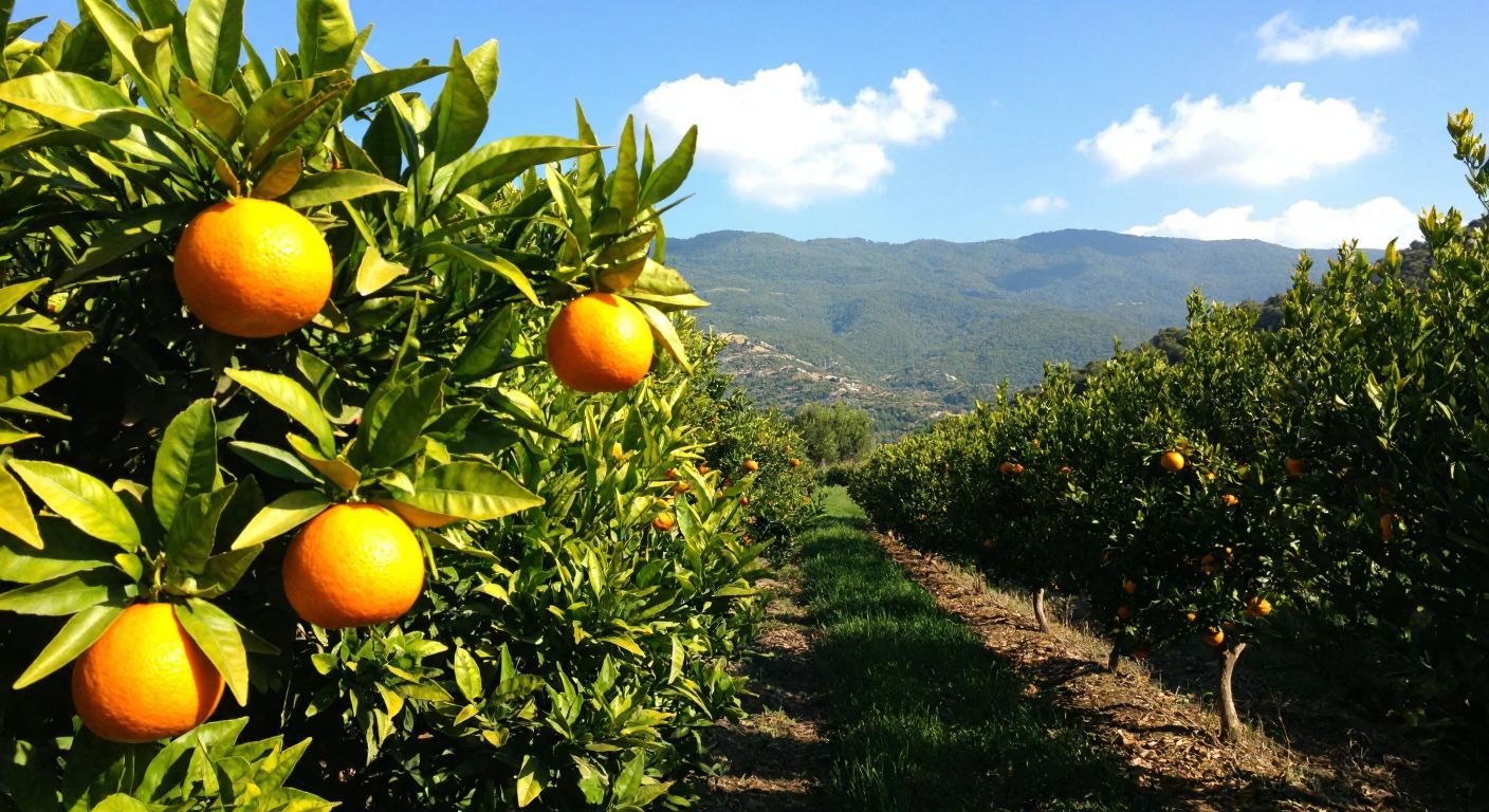 A sunlit orange grove in Turkey's Mediterranean region, with ripe Washington oranges hanging from lush green trees against a backdrop of rolling hills and blue skies.