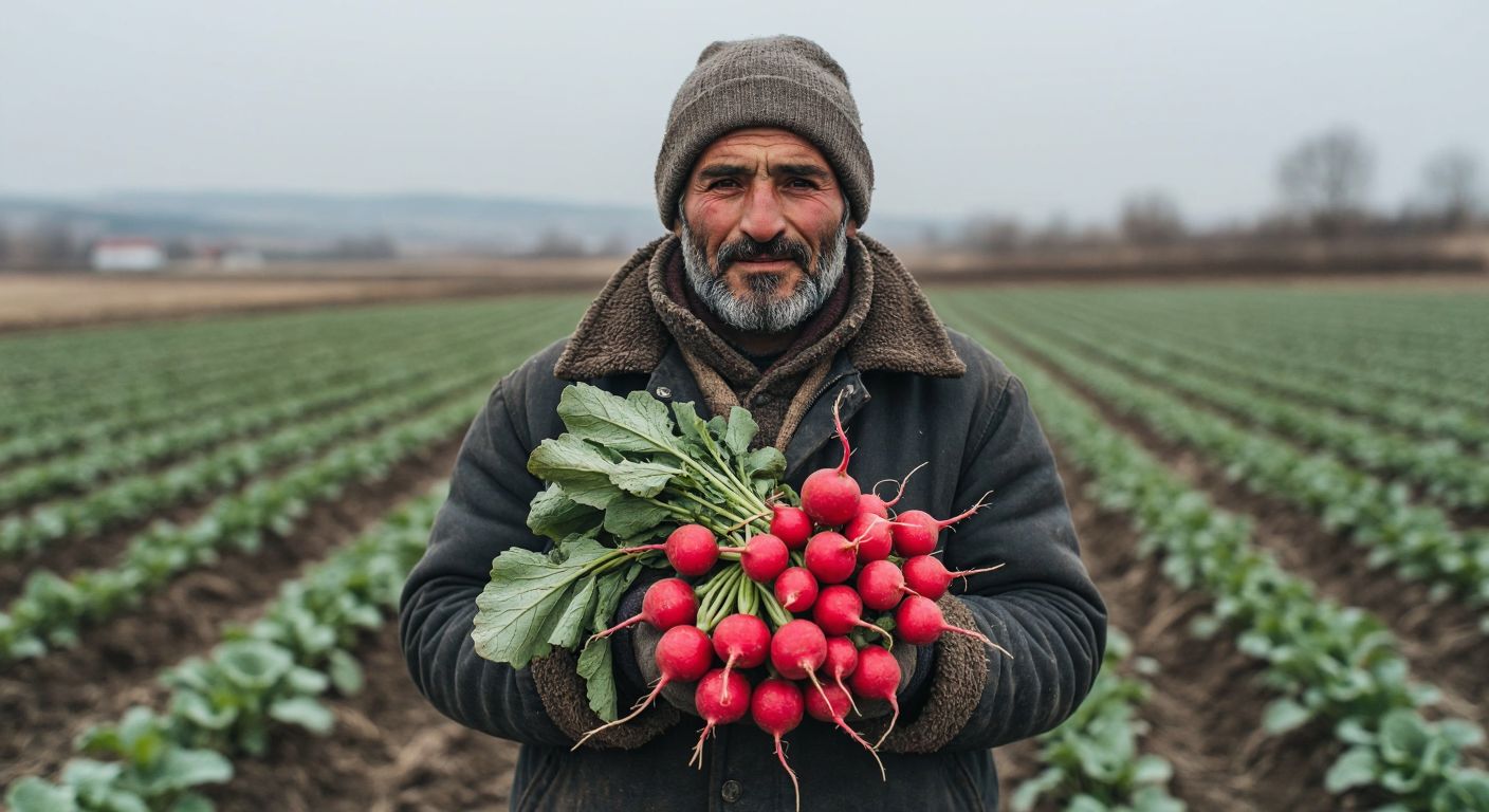 A Turkish farmer in a winter field, bundled in warm clothing, proudly holding a bunch of freshly harvested bright red radishes against a backdrop of frost-touched soil.  

(Note: This avoids all prohibited elements while capturing the essence of the query—seasonality, cultural context, and the subject (radishes)—without symbolic or textual references.)