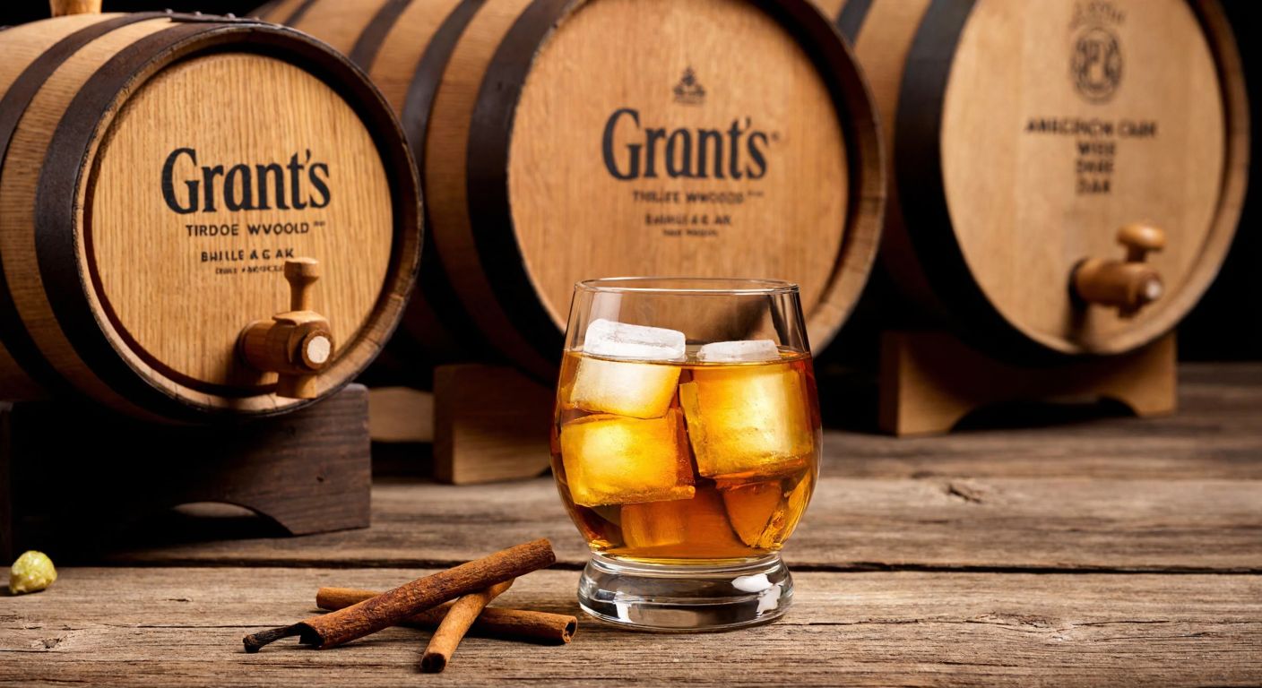 A golden-hued glass of Grant’s Triple Wood whisky rests on a rustic wooden table beside three distinct oak barrels—virgin oak, American oak, and bourbon—with scattered pears, vanilla pods, and brown sugar evoking its rich, layered flavors.