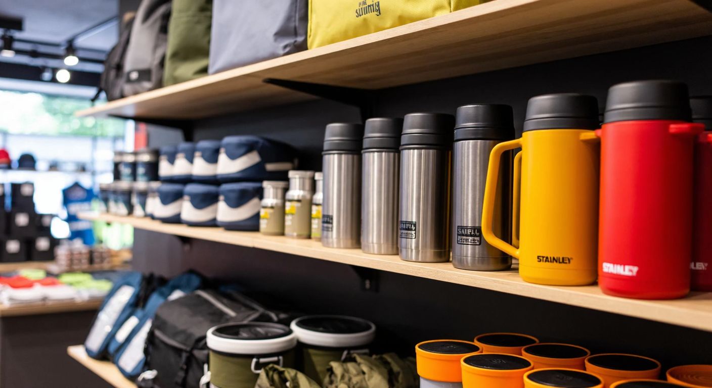 A modern Turkish outdoor store shelf neatly displaying sturdy Stanley thermoses alongside colorful camping gear under warm lighting.
