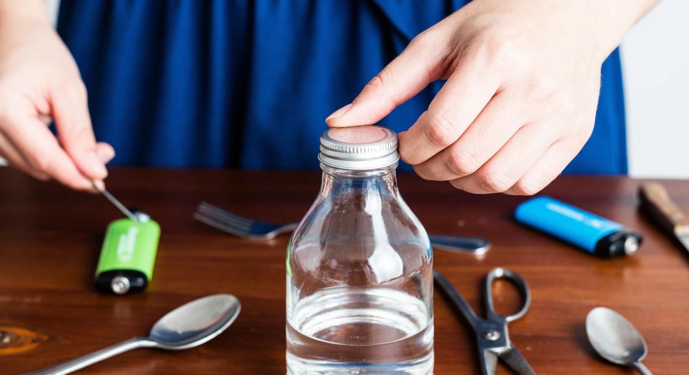 A close-up of a hand gripping a glass gazoz bottle with a metal cap, pressing it against a wooden table edge to loosen it, surrounded by scattered utensils like a spoon, lighter, and kitchen scissors on a rustic Turkish kitchen counter.