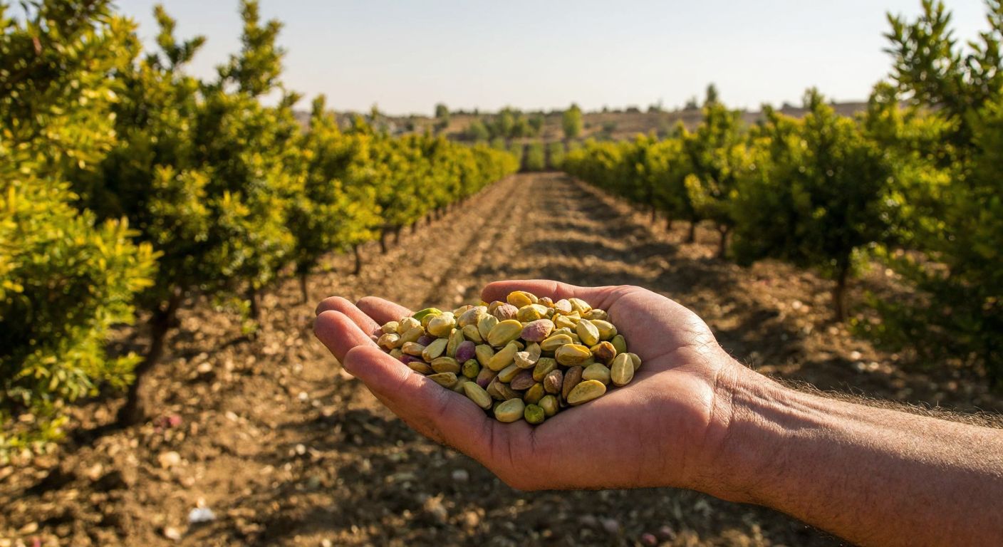 A sunlit field of pistachio trees in Şanlıurfa, with a farmer proudly holding a handful of plump, golden-green Urfa pistachios, their rich aroma mingling with the dry, earthy breeze.
