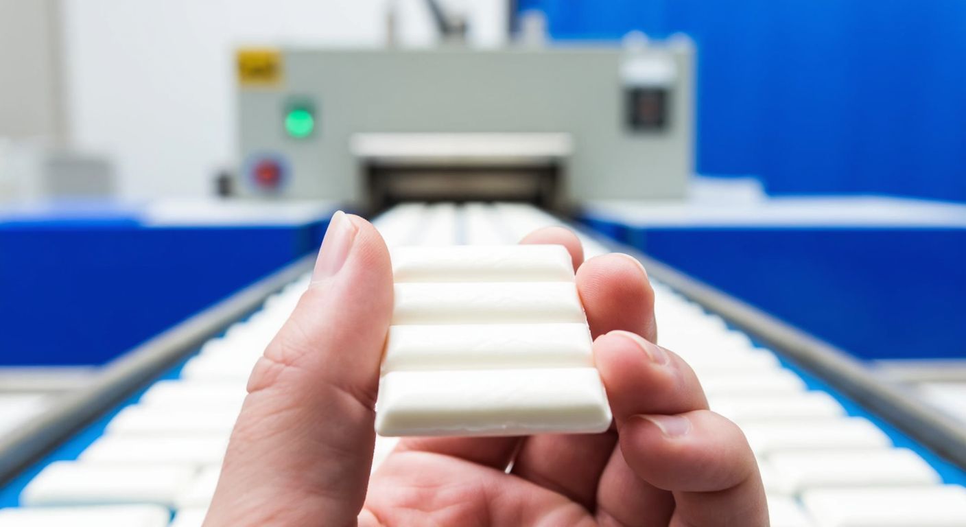 A close-up of a hand holding a piece of Falım chewing gum with a small factory conveyor belt in the background, symbolizing production and quality control.