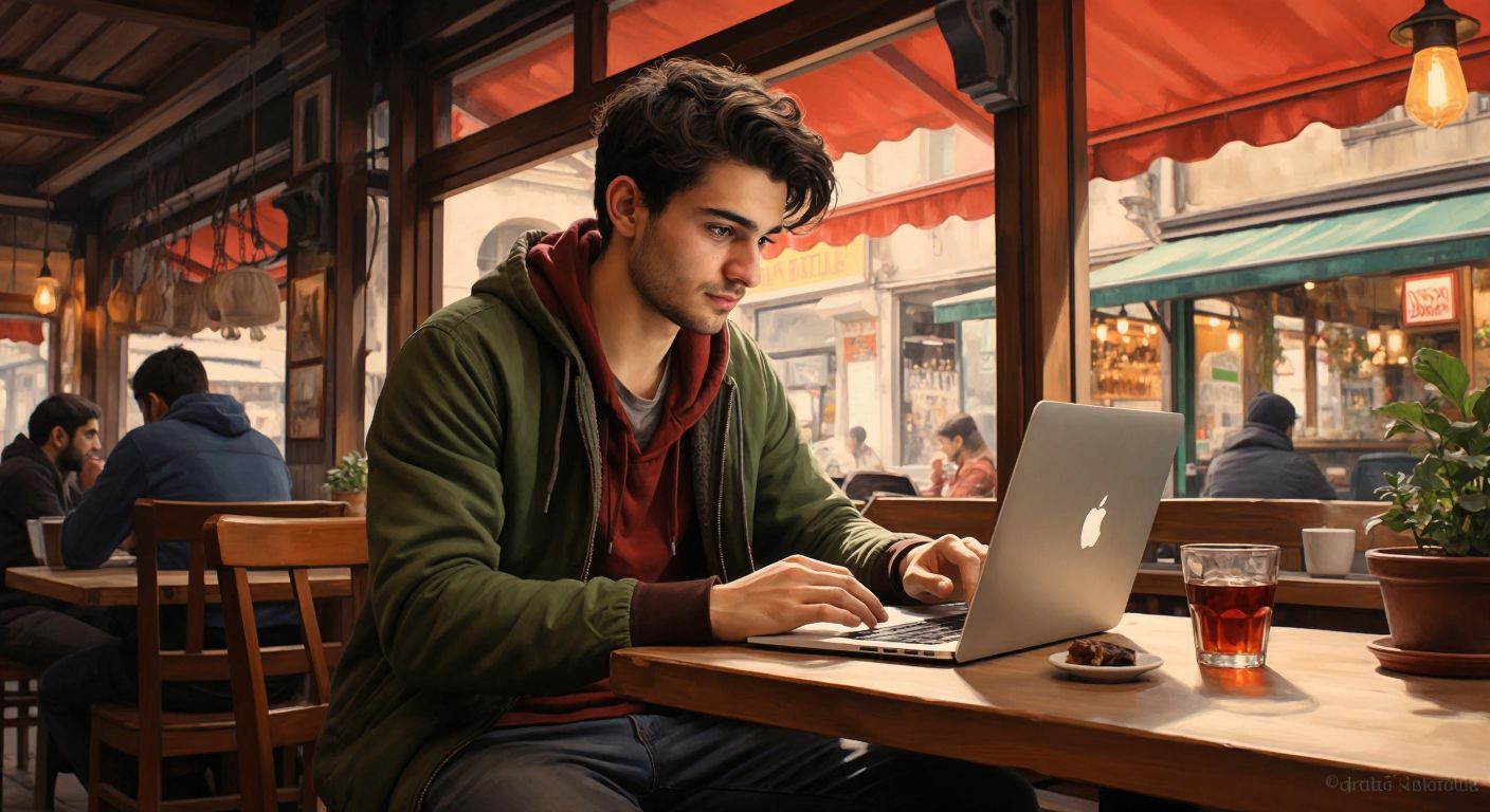 A determined young adult in casual attire sits at a wooden table in a cozy Turkish café, intently browsing job listings on a laptop while sipping çay, with a hopeful expression on their face.