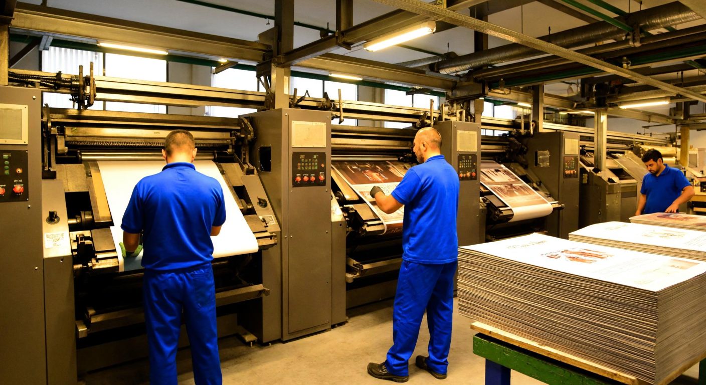 A bustling printing press in Turkey with workers in blue uniforms operating large machinery, stacks of freshly printed materials, and the warm glow of industrial lighting reflecting off polished metal surfaces.
