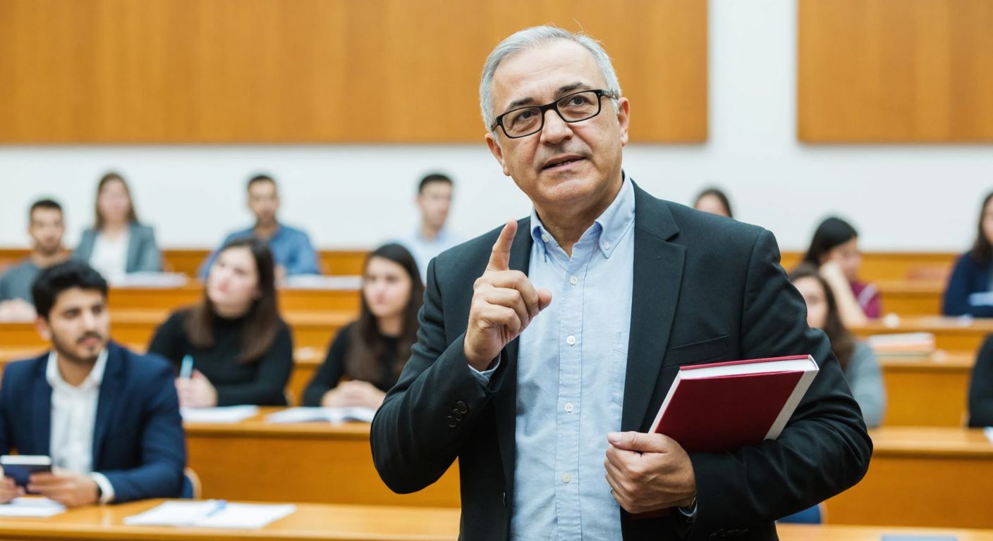 A distinguished middle-aged Turkish man with glasses stands confidently in a university lecture hall, holding a book and gesturing thoughtfully while students listen attentively in the background.