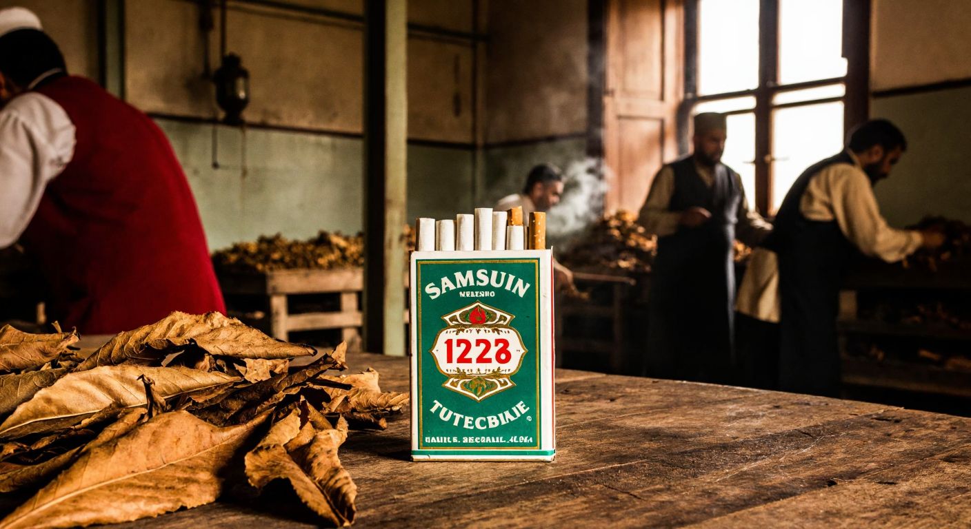 A vintage Turkish cigarette pack labeled "Samsun 216" rests on a wooden table in an old Cibali tobacco factory, surrounded by tobacco leaves and workers in traditional attire.