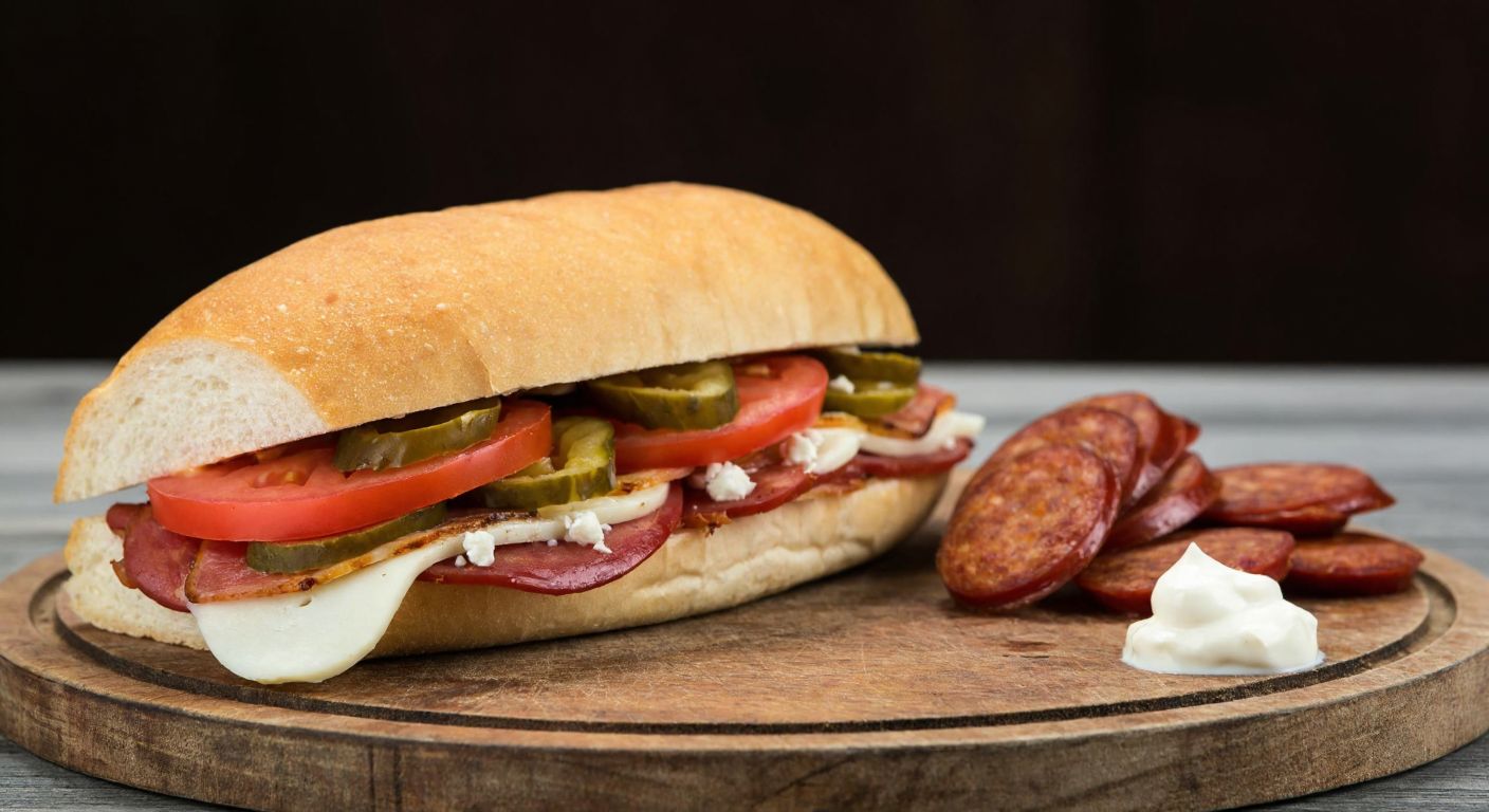 A freshly baked kumru sandwich, sliced open to reveal layers of juicy tomatoes, pickles, green peppers, and crumbled Izmir tulum cheese, with a side of grilled sucuk and a dollop of mayonnaise on a rustic wooden table.