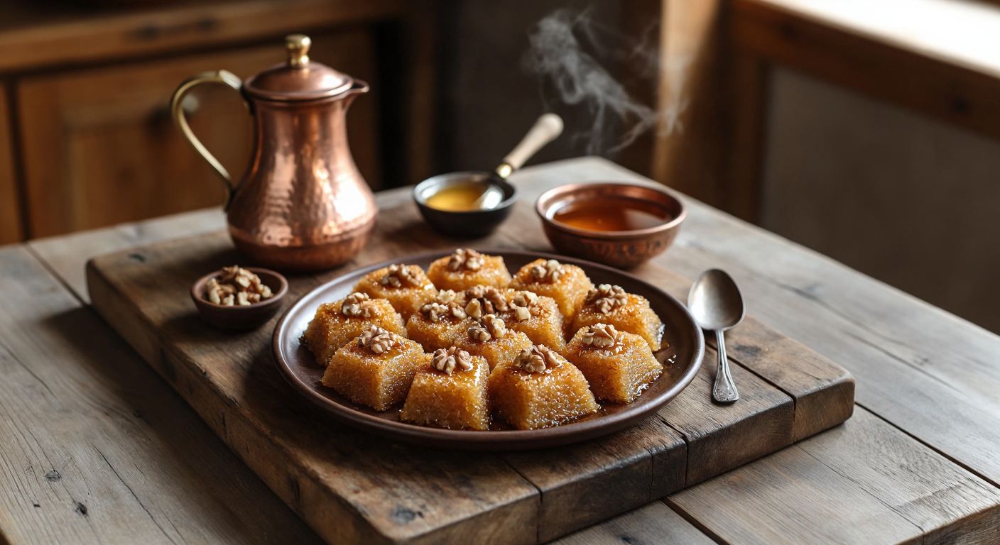 A rustic wooden table in a cozy Taraklı kitchen holds a steaming plate of golden-brown *buğday tatlısı*, garnished with crushed walnuts, beside a small bowl of honey and a traditional Turkish copper coffee pot.