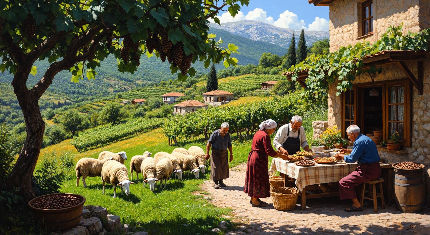 A sunlit Turkish village scene with farmers harvesting pine nuts in a green field, grazing sheep nearby, and a welcoming elderly couple serving homemade dishes to tourists under a vine-covered terrace.