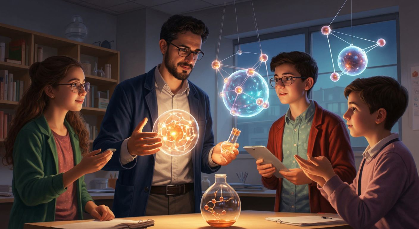 A Turkish chemistry teacher in a classroom, holding two different molecular models—one glowing faintly (representing isoelectronic) and the other neutral (representing isoelectric)—while students look on with curious expressions.