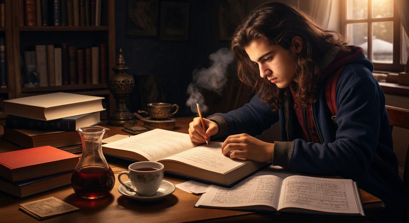 A young Turkish student intently studies a notebook filled with mathematical equations, surrounded by scattered textbooks and a steaming cup of Turkish tea on a wooden desk.